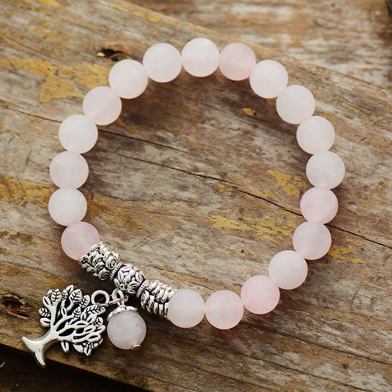 Natural Frosted Rose Quartz Tree of Life Beaded Bracelet