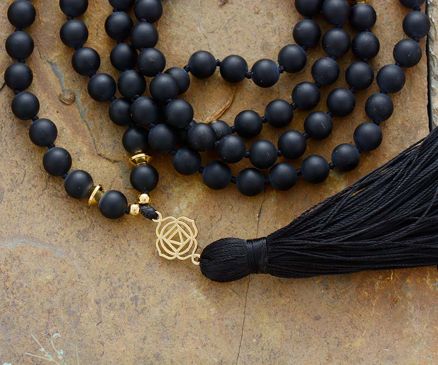 108 Natural Black Onyx and 7 Chakra Mala Bead Necklace