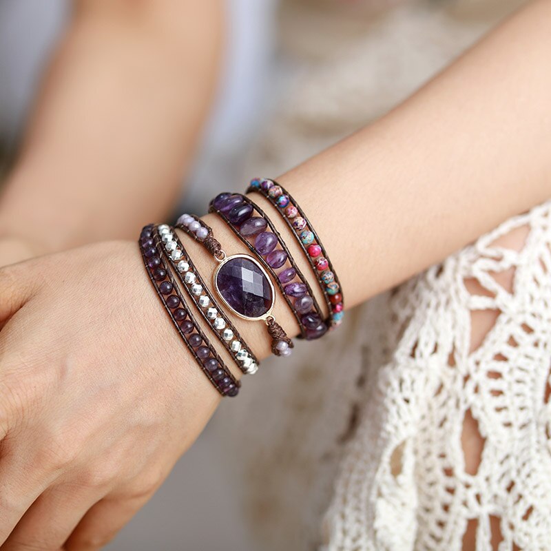Boho Natural Amethyst & Jasper Wrap Bracelet