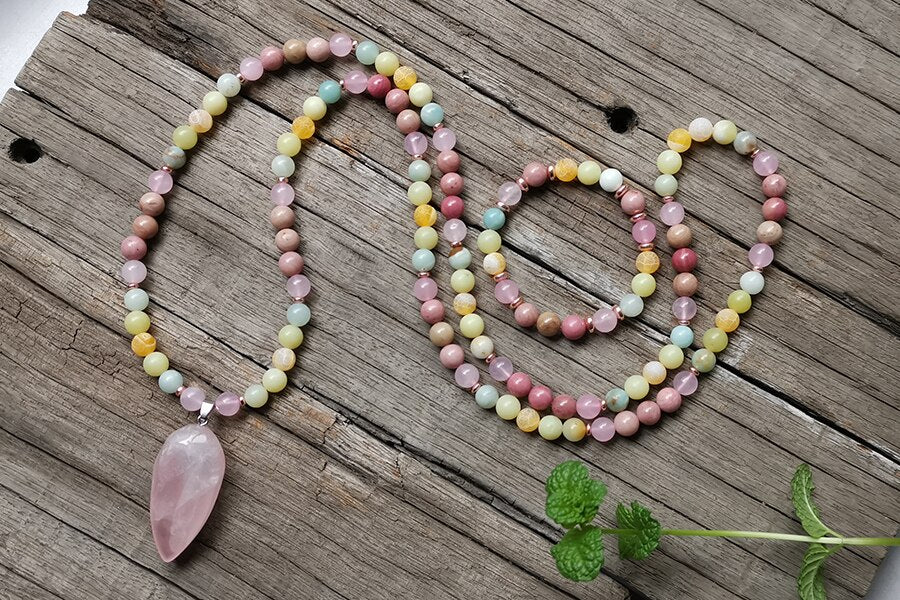 Natural Rose Quartz, Jade, Agate & Rhodonite 108 Beads Mala Necklace / Bracelet