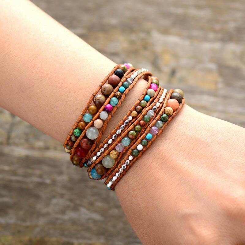 Natural Picasso Jasper & Agate Leather Wrap Bracelet