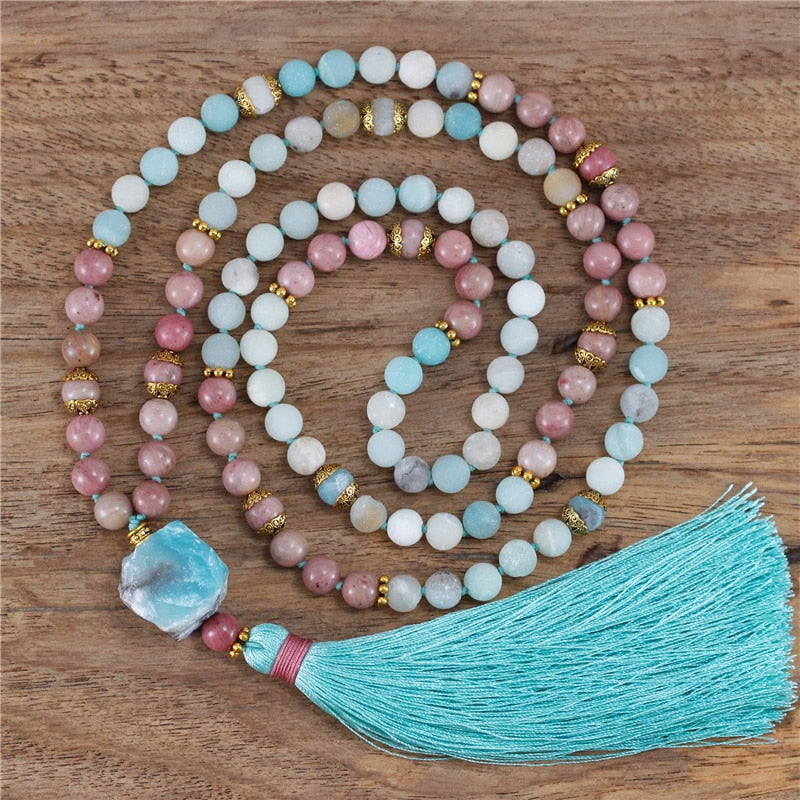 Natural Frosted Amazonite & Rhodonite 108 Beads Mala Necklace