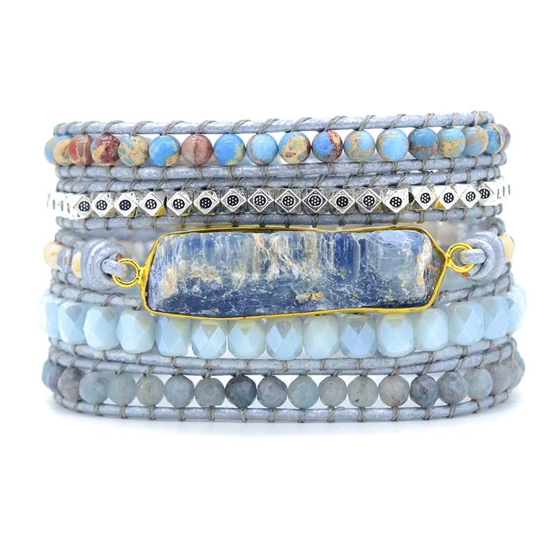 Raw Blue Topaz, Howlite & Light Blue Jasper Leather Wrap Bracelet