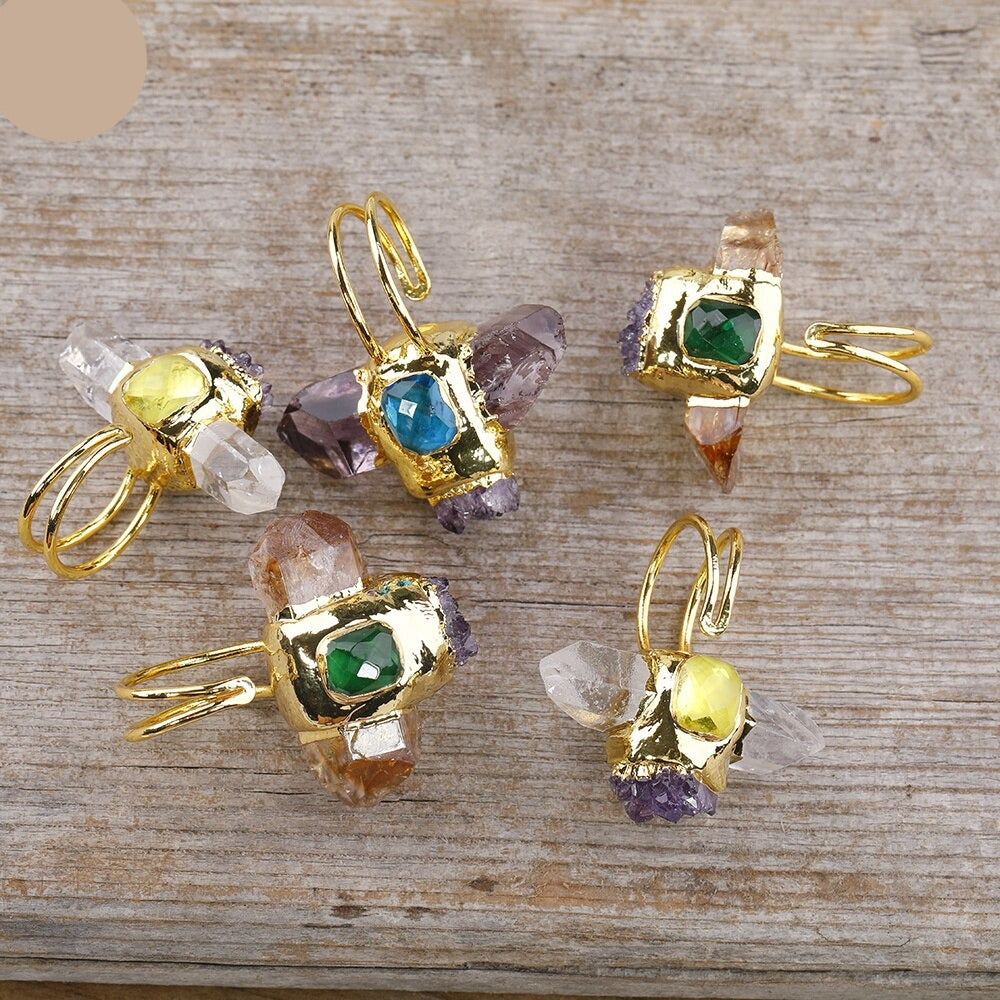 Natural Hexagonal Amethyst / Clear Quartz / Citrine Ring