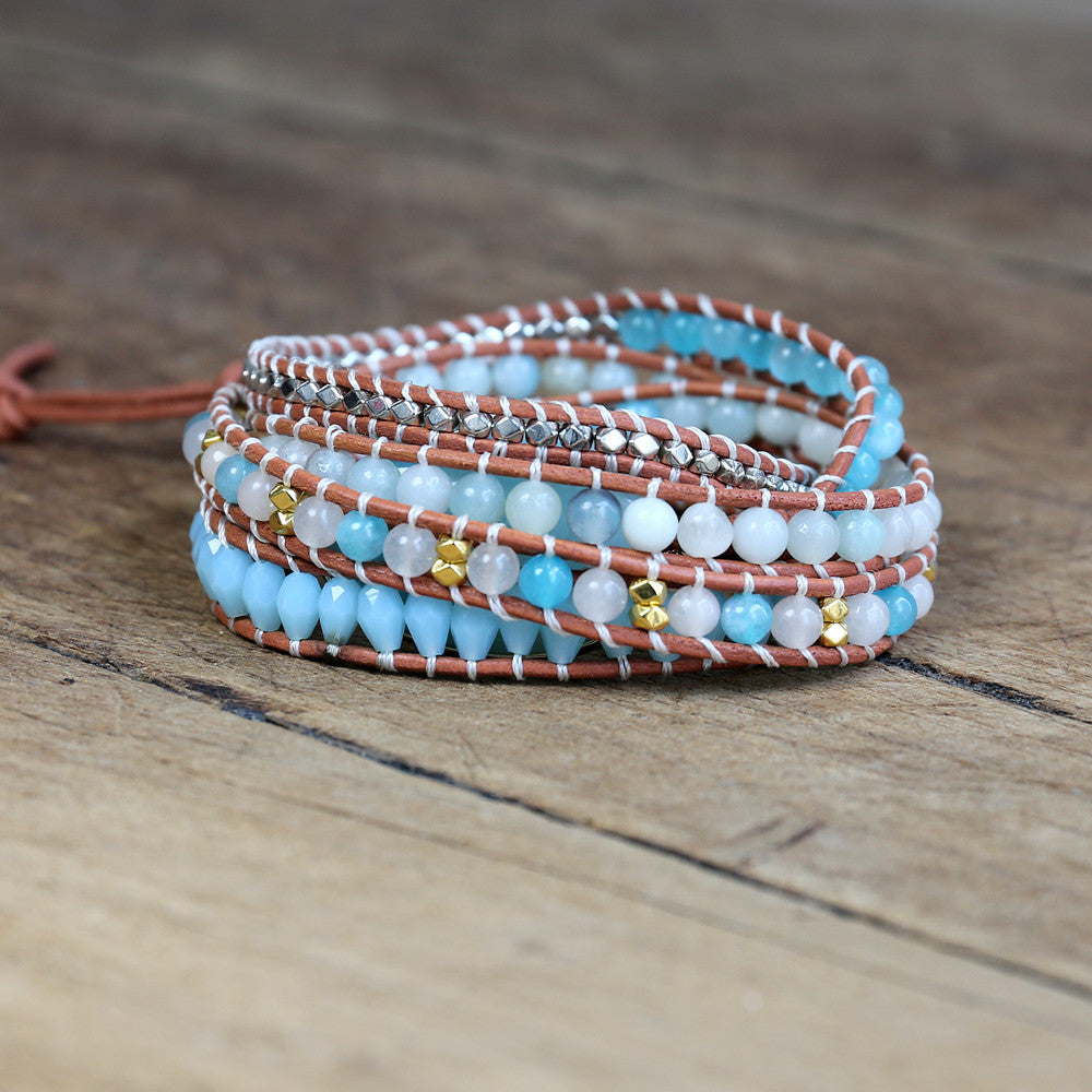 Natural Quartz & Amazonite Leather Wrap Bracelet