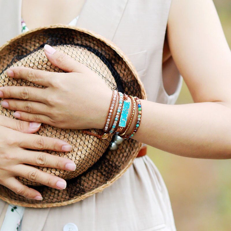 Natural Sunstone & Turquoise Jasper Leather Wrap Bracelet