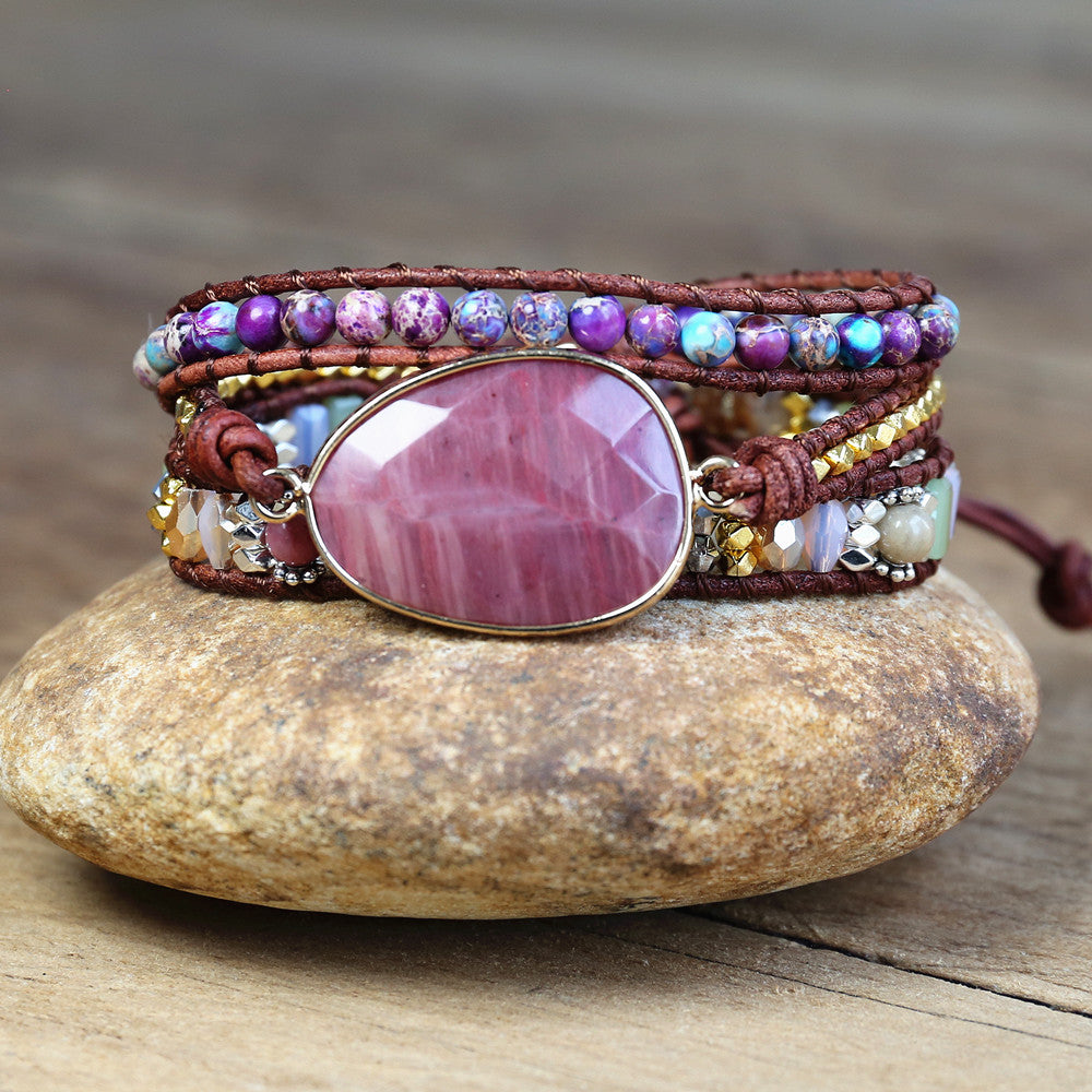 Natural Rhodonite & Jasper Leather Wrap Bracelet