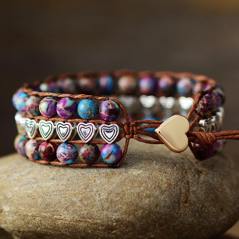 Natural Purple Jasper Stone Leather Wrap Bracelet with Hearts