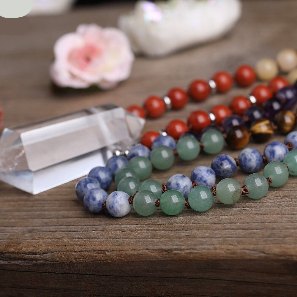 Natural Amethyst, Sodalite, Jasper, Jade, Tiger's Eye, Aventurine & Clear Quartz Wand Necklace