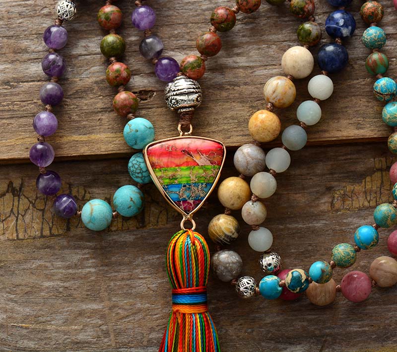 Natural 7 Chakras Amethyst, Jasper, Sodalite, Unakite, Amazonite & Rhodonite 108 Beads Mala