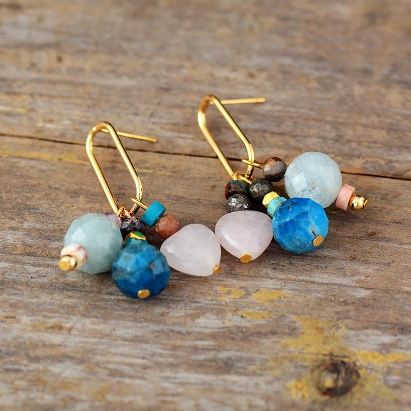 Natural Rose Quartz, Aquamarine & Apatite Earrings