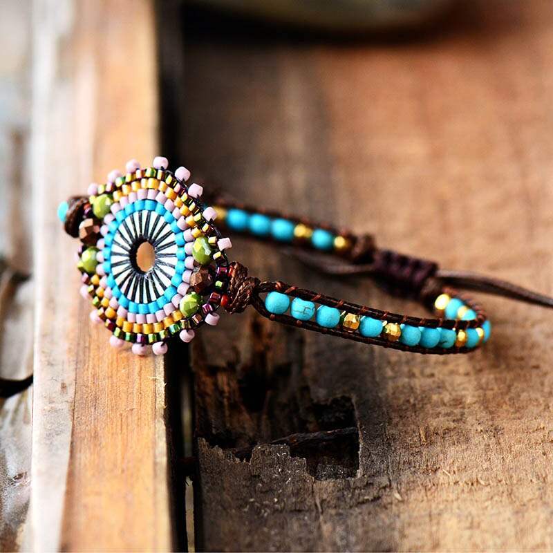 Natural Turquoise & Seed Beads Mandala Wrap Bracelet