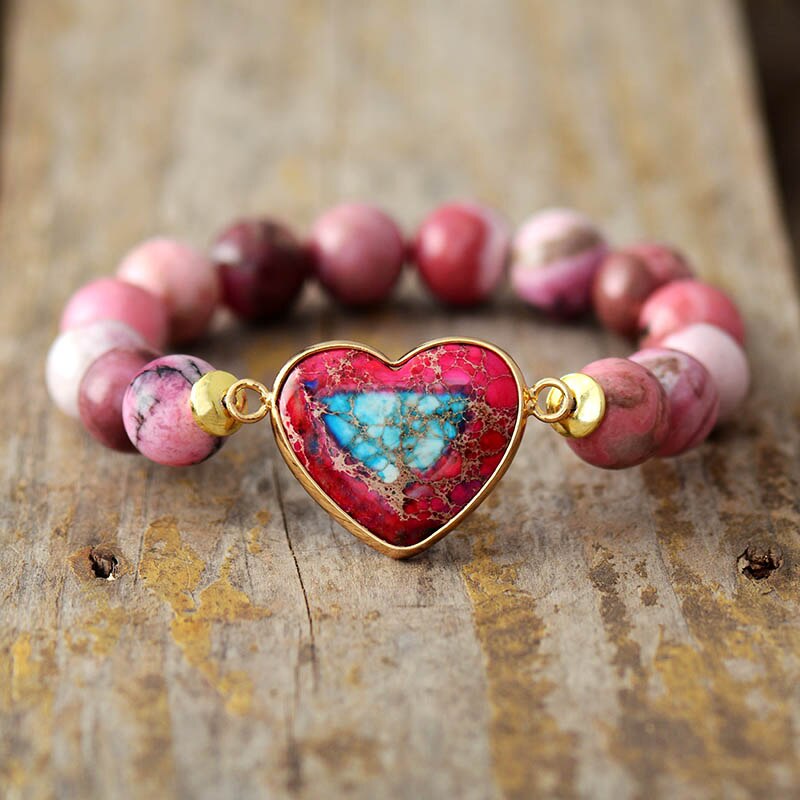 Natural Rhodonite & Purple Jasper Heart Beaded Bracelet