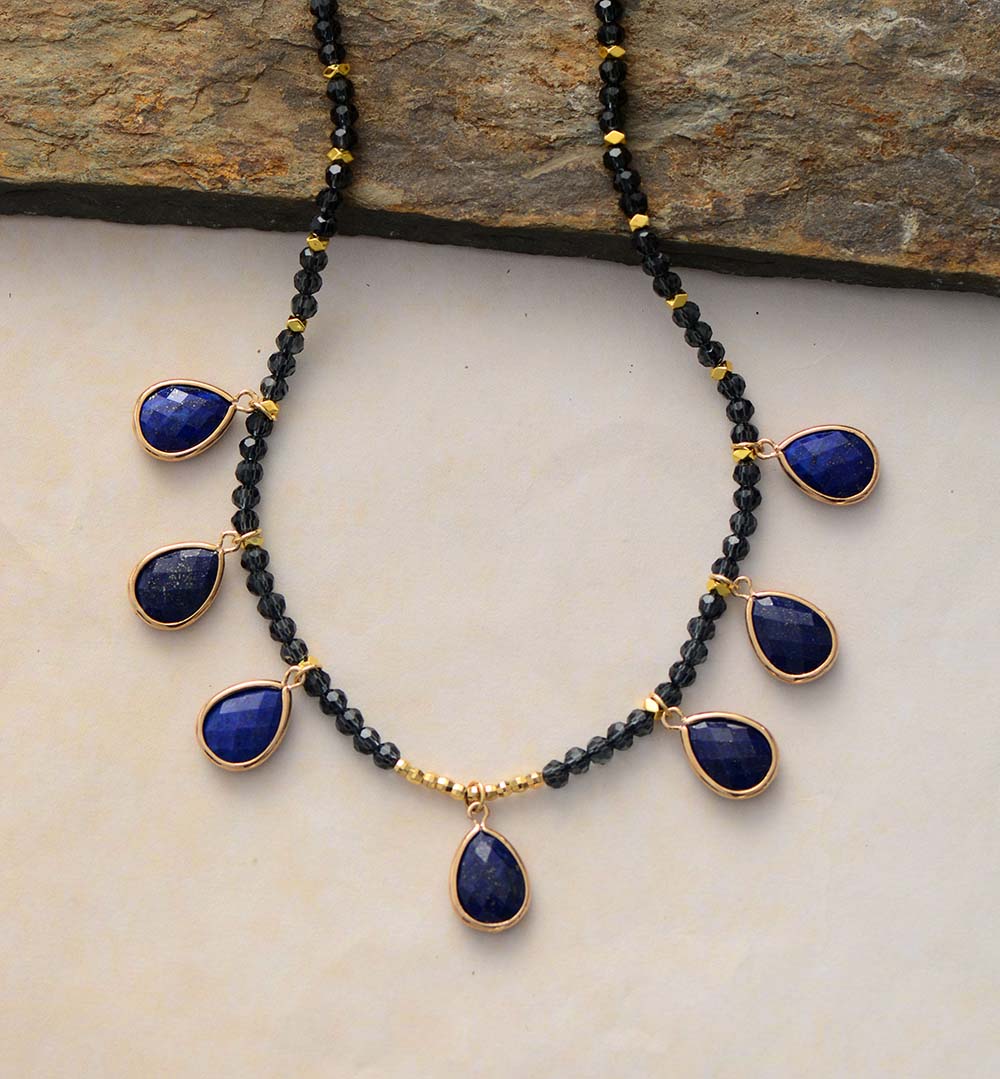 Lapis Lazuli Pendants & Rhinestone Beads Necklace