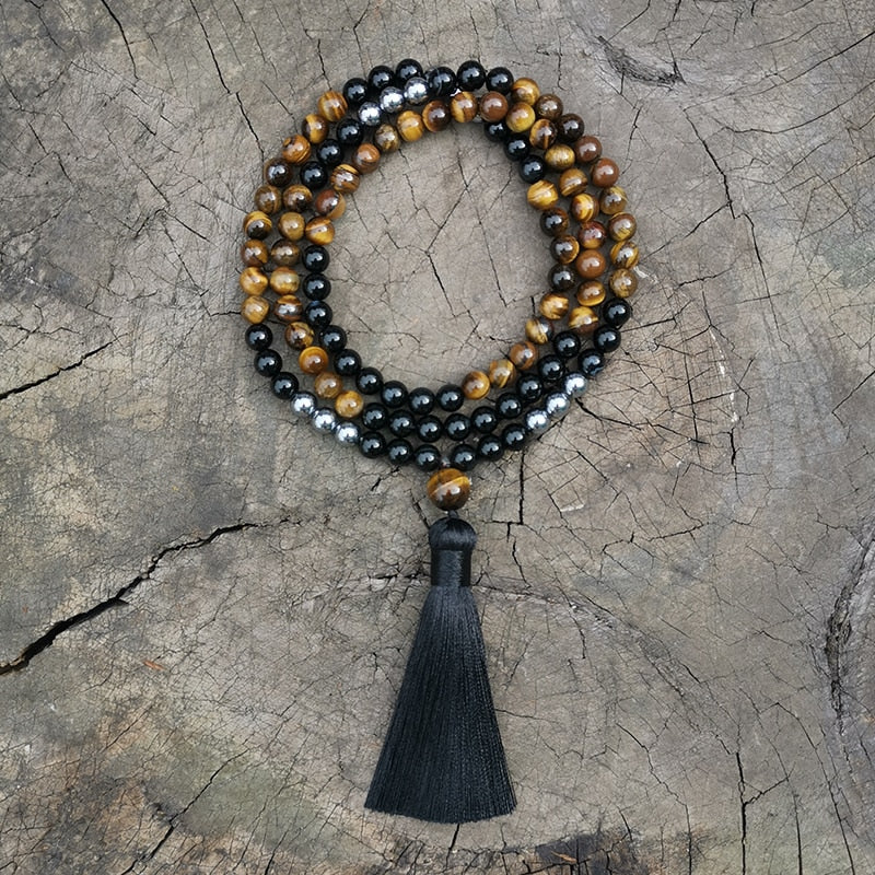 Natural Black Onyx,Tiger's Eye & Hematite 108 Mala Beads Necklace / Bracelet