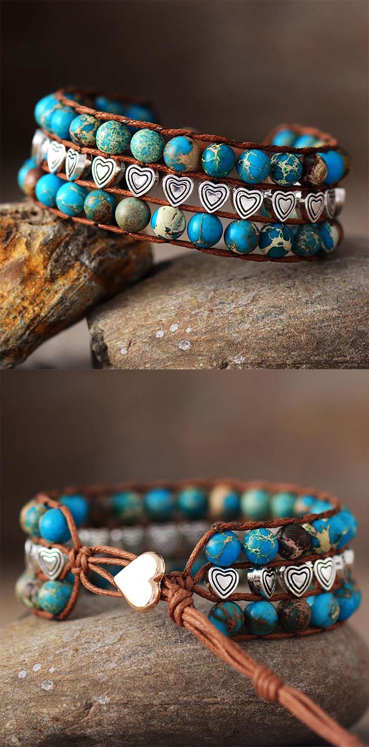 Natural Turquoise Jasper Stone Leather Wrap Bracelet with Hearts