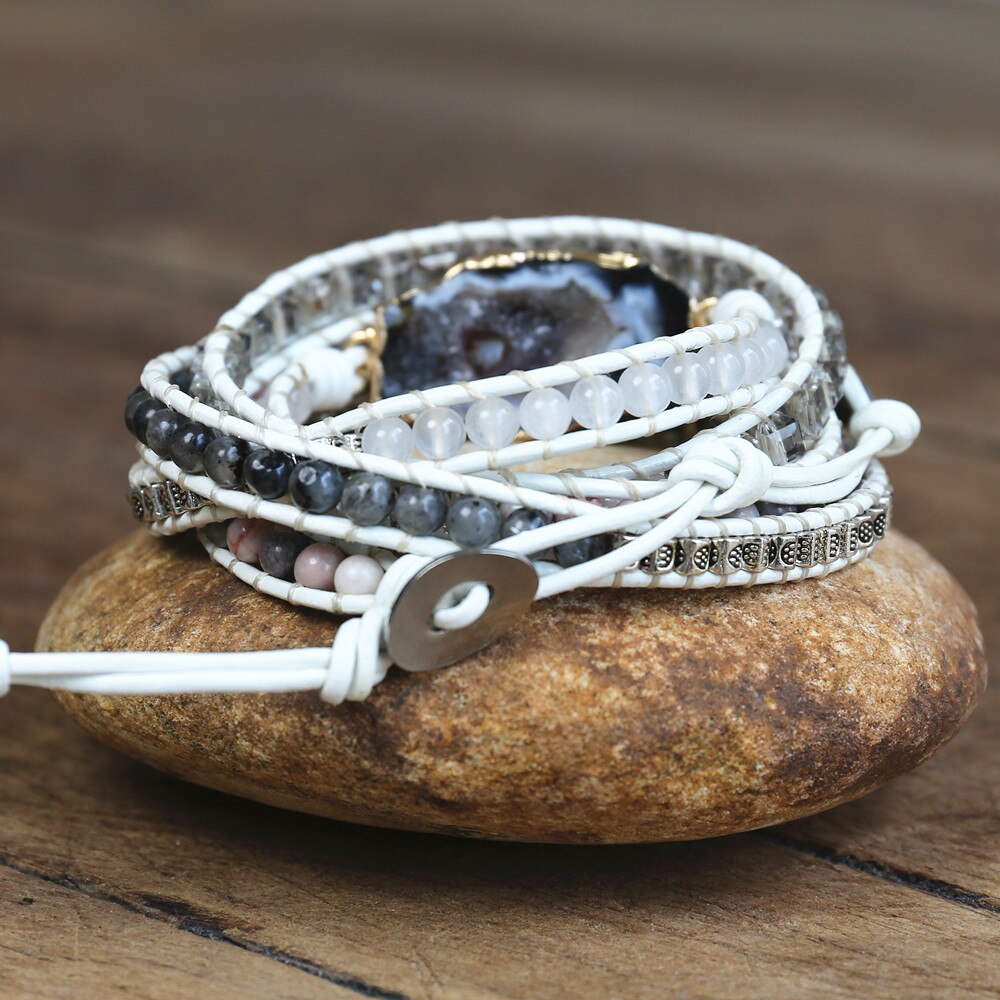 Natural Agate & Crystals Leather Wrap Bracelet
