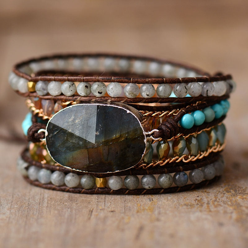 Natural Flash Labradorite, Turquoise & Rhinestones Leather Wrap Bracelet