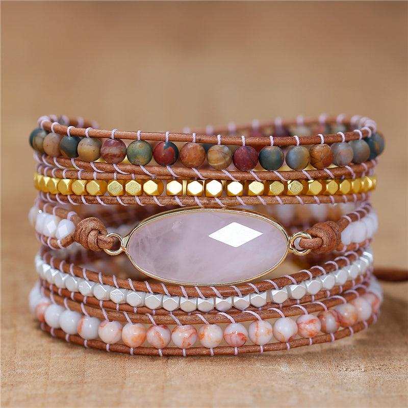 Rare Natural Rose Quartz & Jasper Leather Wrap Bracelet