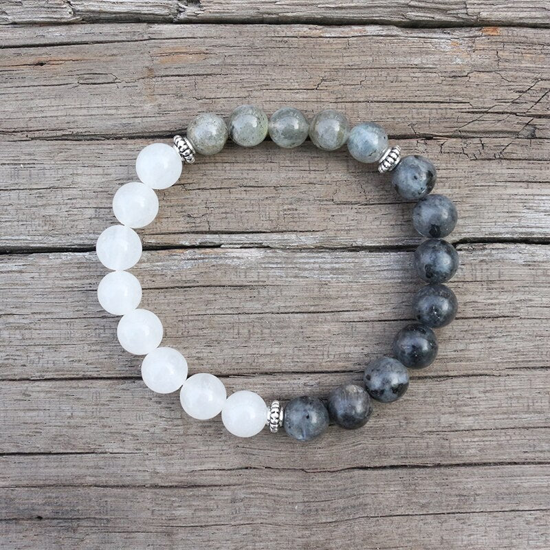 Natural Labradorite & White Quartz 108 Mala Beads Necklace