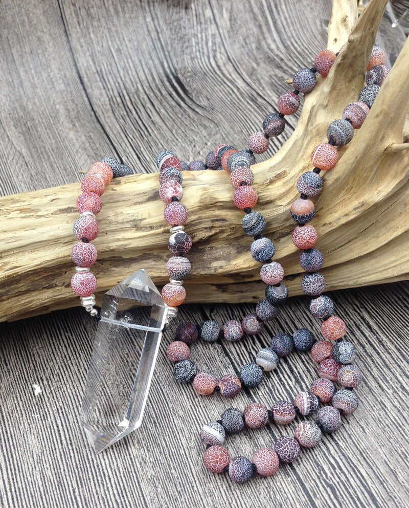 Natural Dragon Vein Agate & Clear Quartz Double Point Pendant Necklace