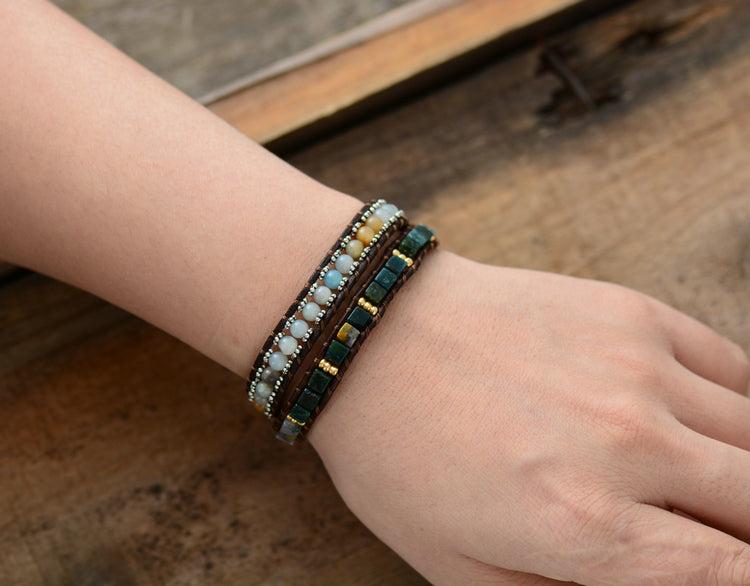 Natural Amazonite, Indian Agate & Onyx Leather Wrap Bracelet