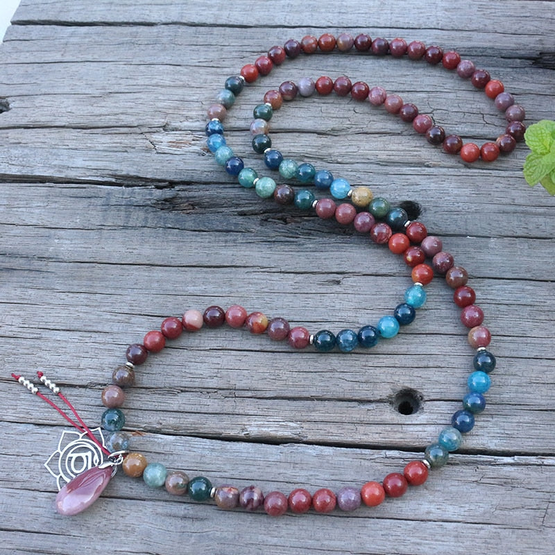 Natural Mookite, Indian Agate, Onyx & Apatite 108 Beads Mala Necklace / Bracelet