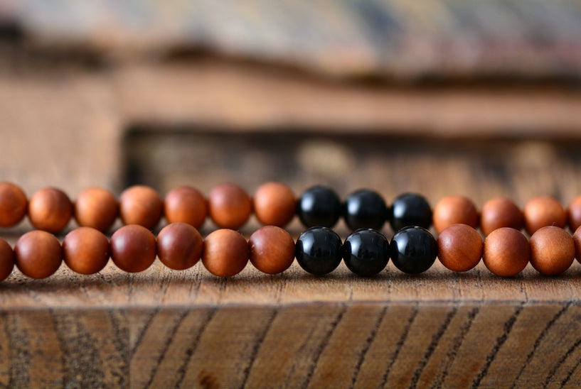 108 Natural Wood and Black Onyx Buddha Mala Bead Necklace