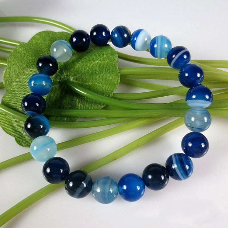Natural Striped Blue Agate Beaded Bracelet