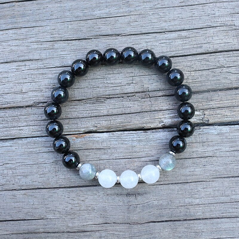 Natural Black Onyx, Labradorite & White Quartz 108 Mala Beads Necklace