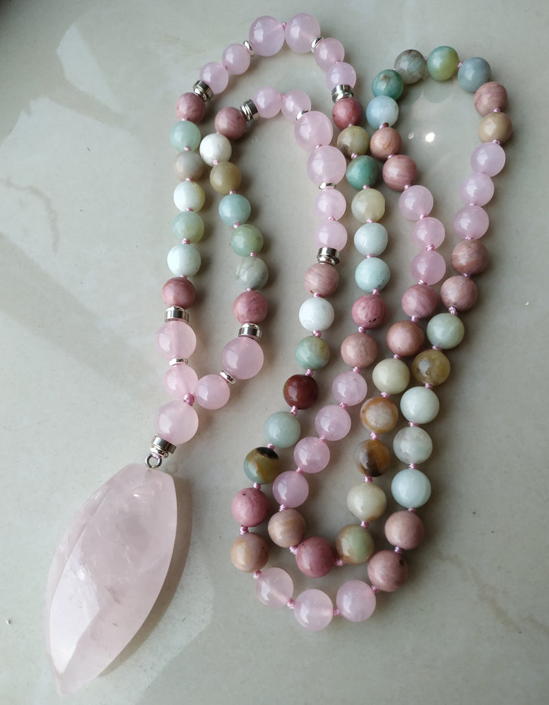 Natural Amazonite & Rose Quartz 108 Beads Mala Necklace