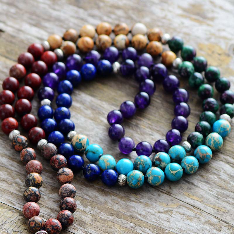108 Natural Amethyst, Jasper, Lapis Lazuli & Agate Bead Mala Necklace