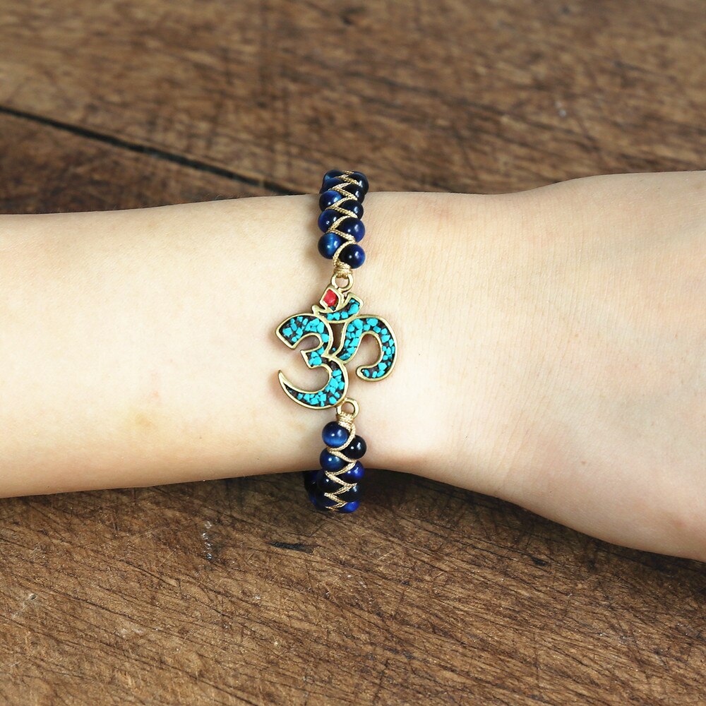 Natural Blue Tiger's Eye OM Wrap Bracelet
