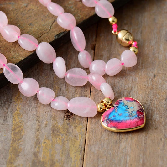 Natural Rose Quartz Beads & Jasper Heart Necklace