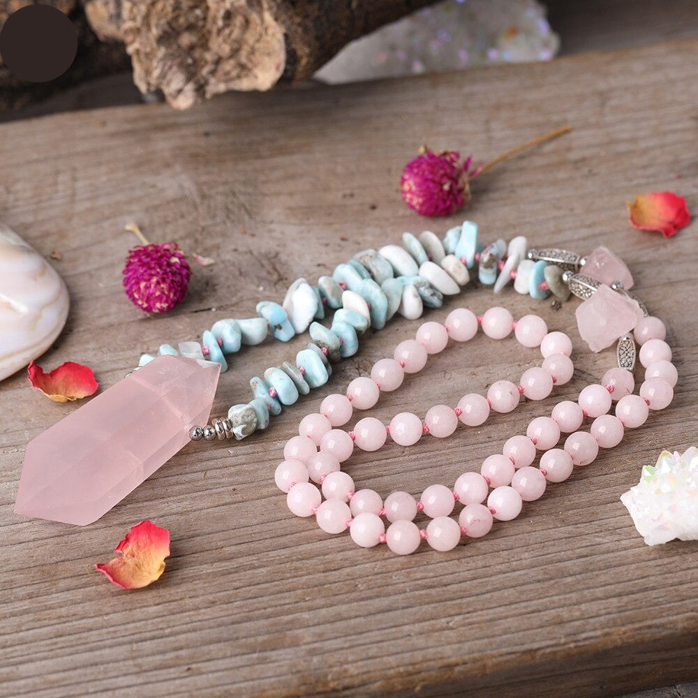 Natural Amazonite & Rose Quartz Double Pointed Pendant Necklace