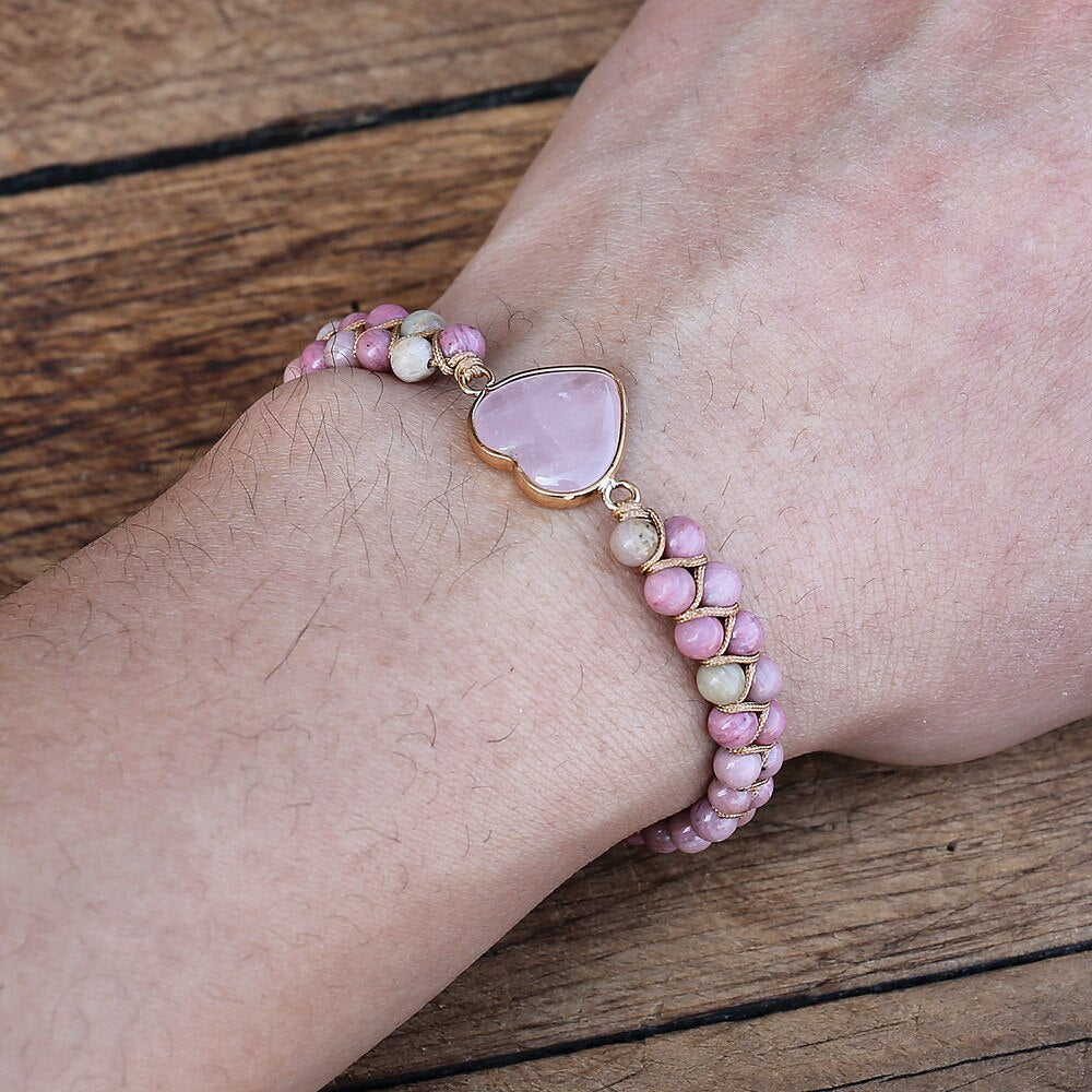 Natural Rhodonite & Rose Quartz Heart Bracelet