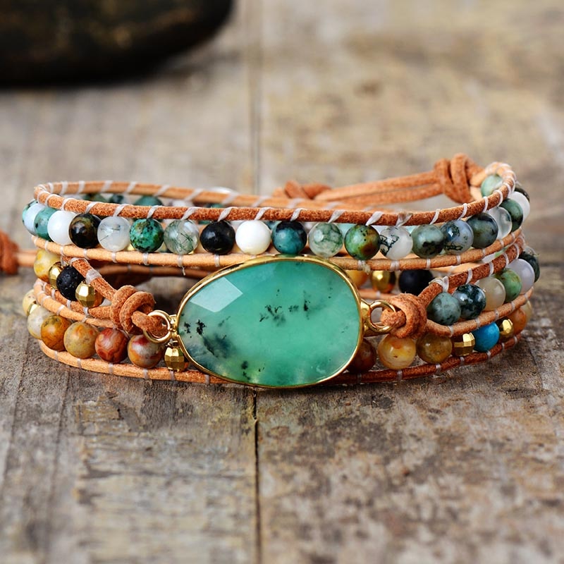 Natural Turquoise, Onyx, Lava Beads & Jade Charm Leather Wrap Bracelet