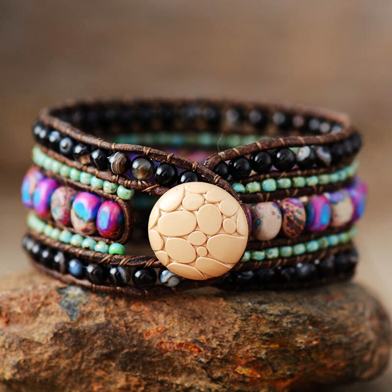 Natural Purple Jasper, African Turquoise & Black Agate Leather Wrap Bracelet