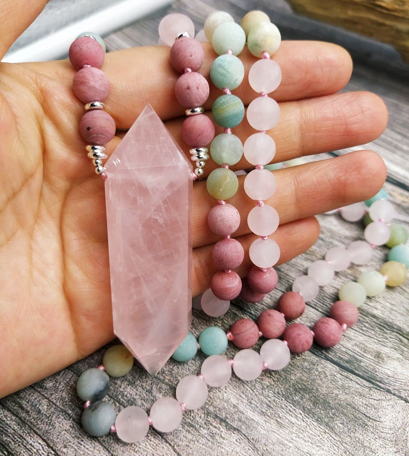 Natural Amazonite, Rhodonite & Rose Quartz Double Point Pendant Necklace