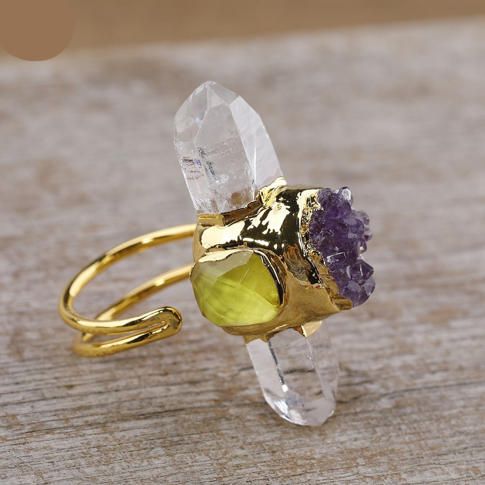 Natural Hexagonal Amethyst / Clear Quartz / Citrine Ring