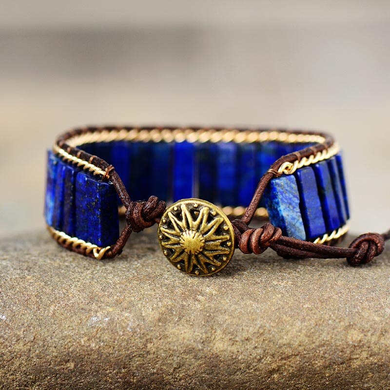 Natural Lapis Lazuli & Weaving Chain Leather Wrap Bracelet