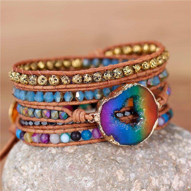 Natural Agate, Lava Stone & Rainbow Druzy Leather Wrap Bracelet
