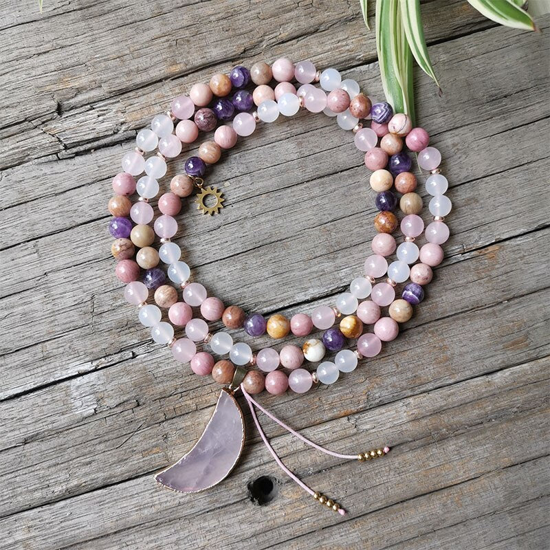 108 Natural Rhodonite, Amethyst Mala Beads & Rose Quartz Moon Pendant Necklace