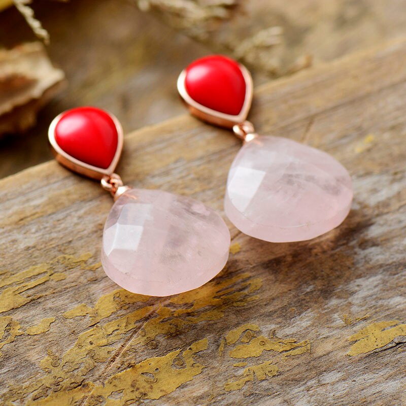 Natural Red Rose Quartz Teardrop Earrings