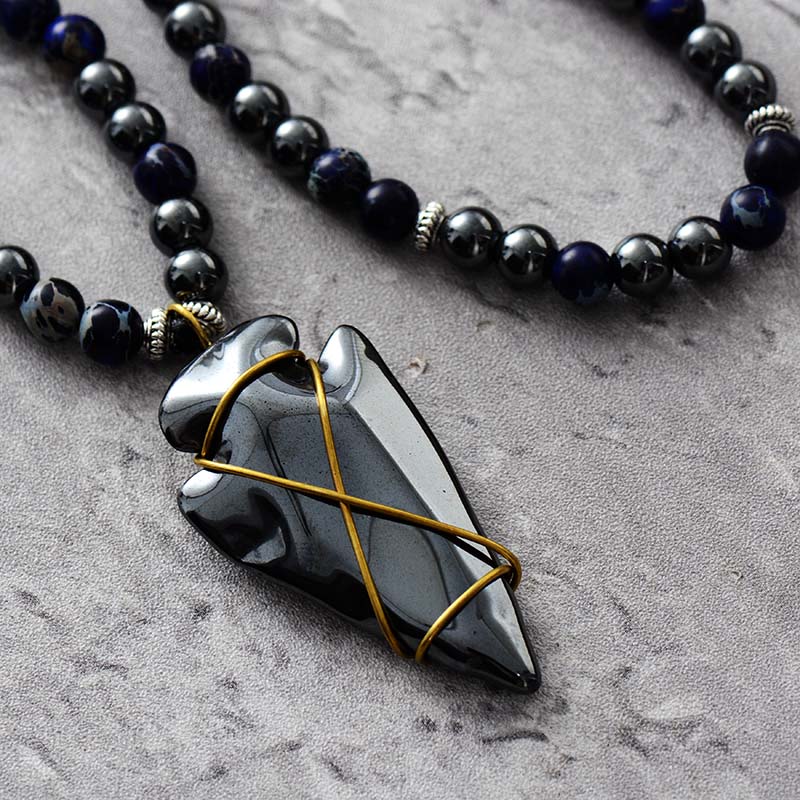 Natural Blue Jasper & Black Hematite Arrowhead Necklace