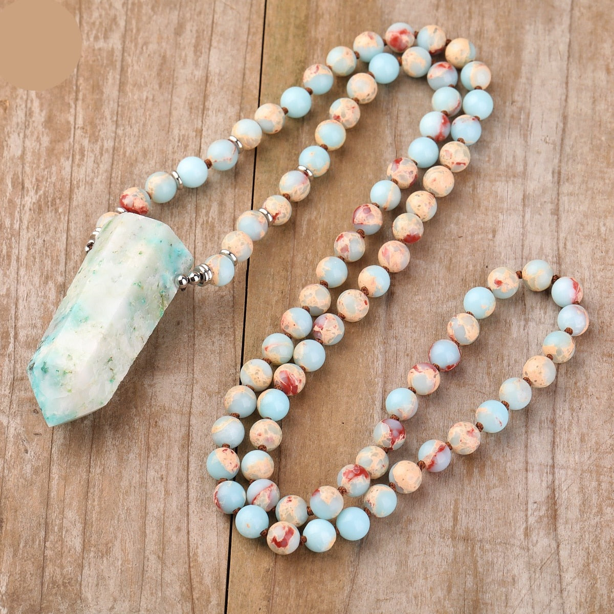 Natural Aqua Terra Jasper & Phoenix Stone Point Pendant Necklace