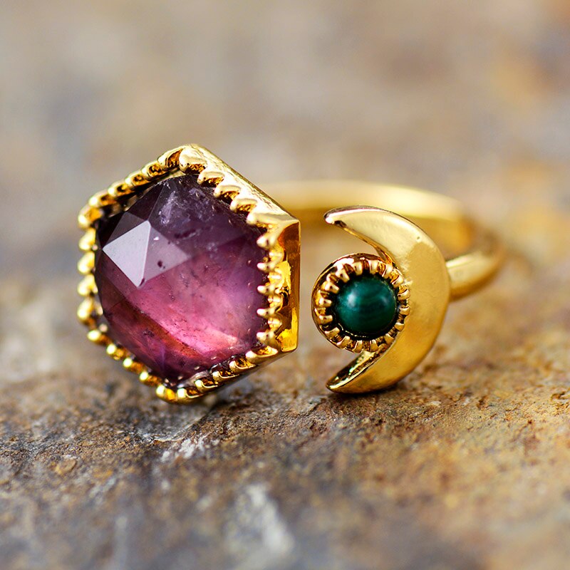 Natural Gemstone Moon & Hexagon Ring