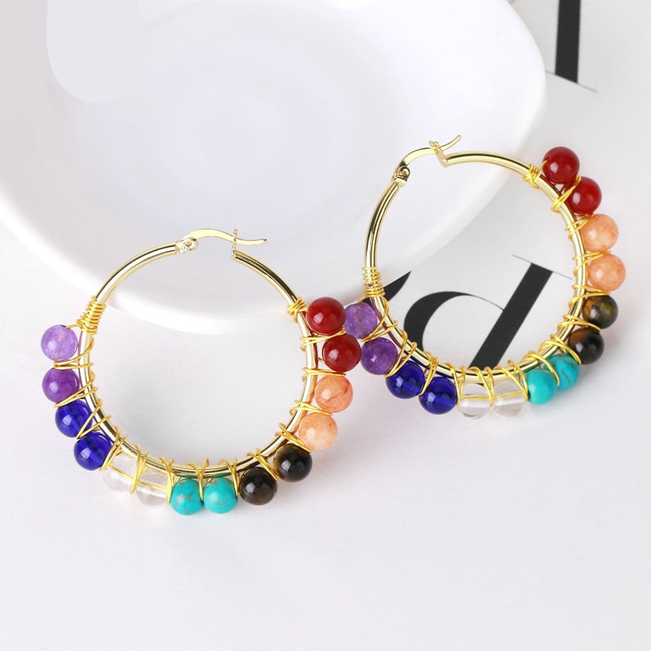 Natural 7 Chakras Stones Hoop Earrings