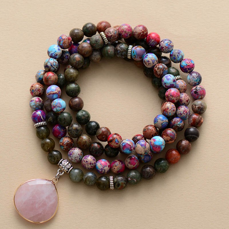Natural Jasper & Rose Quartz 108 Beads Mala Necklace Wrap Bracelet