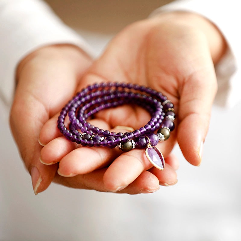 Natural Amethyst 108 Beads Mala Necklace Wrap Bracelet